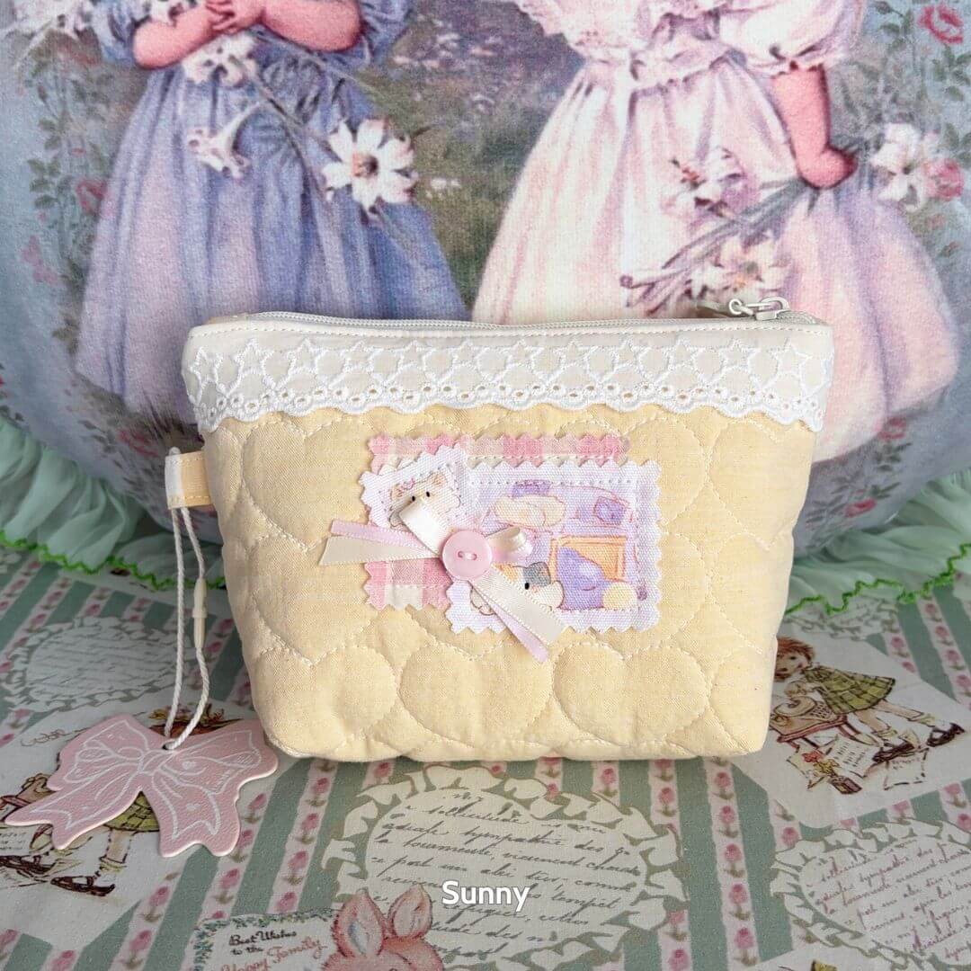 Cute Handmade Cotton Quilted Pouch – Small Everyday Organizer in soft pastel yellow with lace, embroidery, and a miniature kitten design.