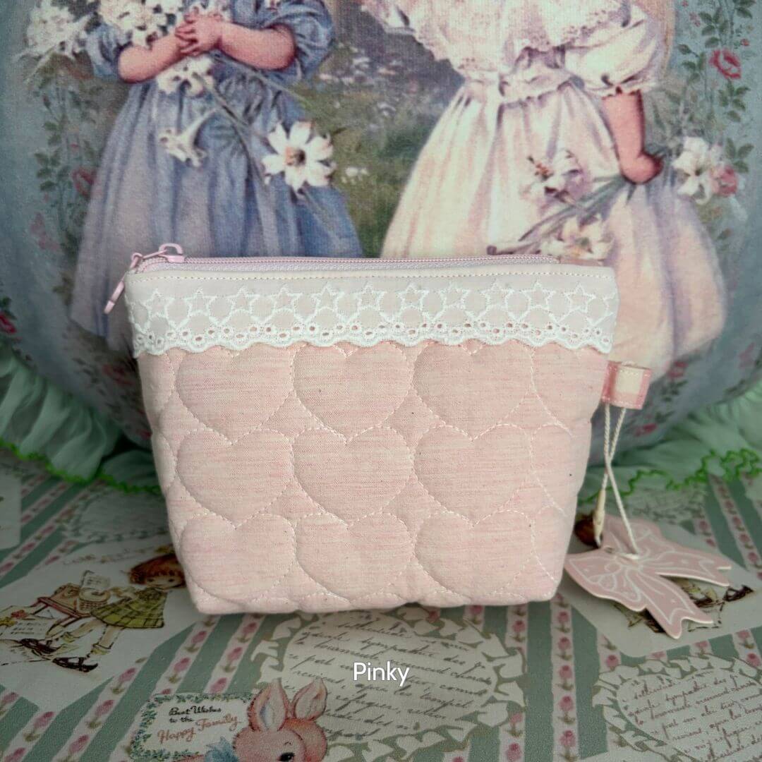 Cute Handmade Cotton Quilted Pouch – Small Everyday Organizer in pastel pink with lace accents and quilted texture.