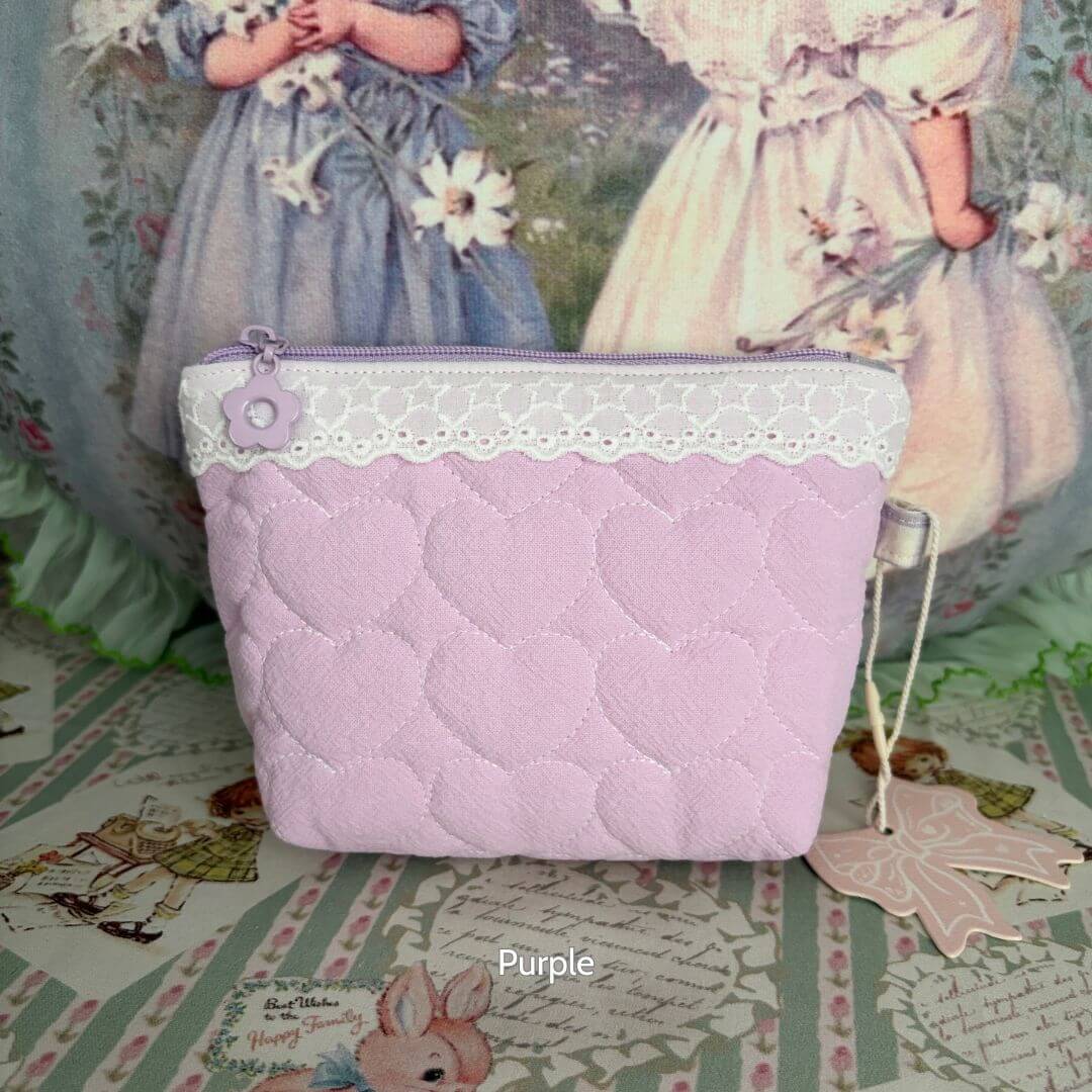Cute Handmade Cotton Quilted Pouch – Small Everyday Organizer in soft purple with heart patterns, lace trim, perfect for everyday essentials.