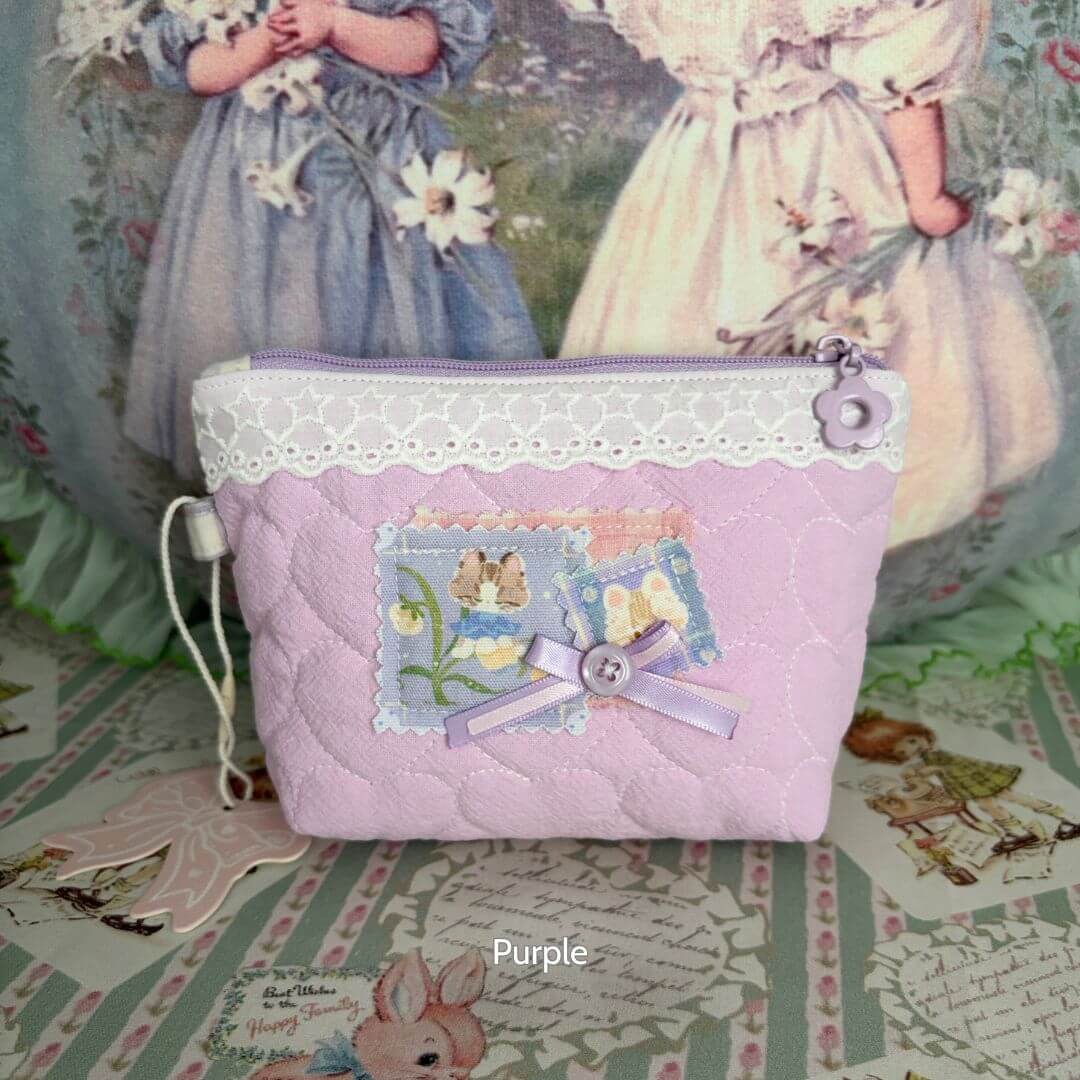 Cute Handmade Cotton Quilted Pouch – Small Everyday Organizer in soft lavender with lace accents, featuring animal-themed patches.