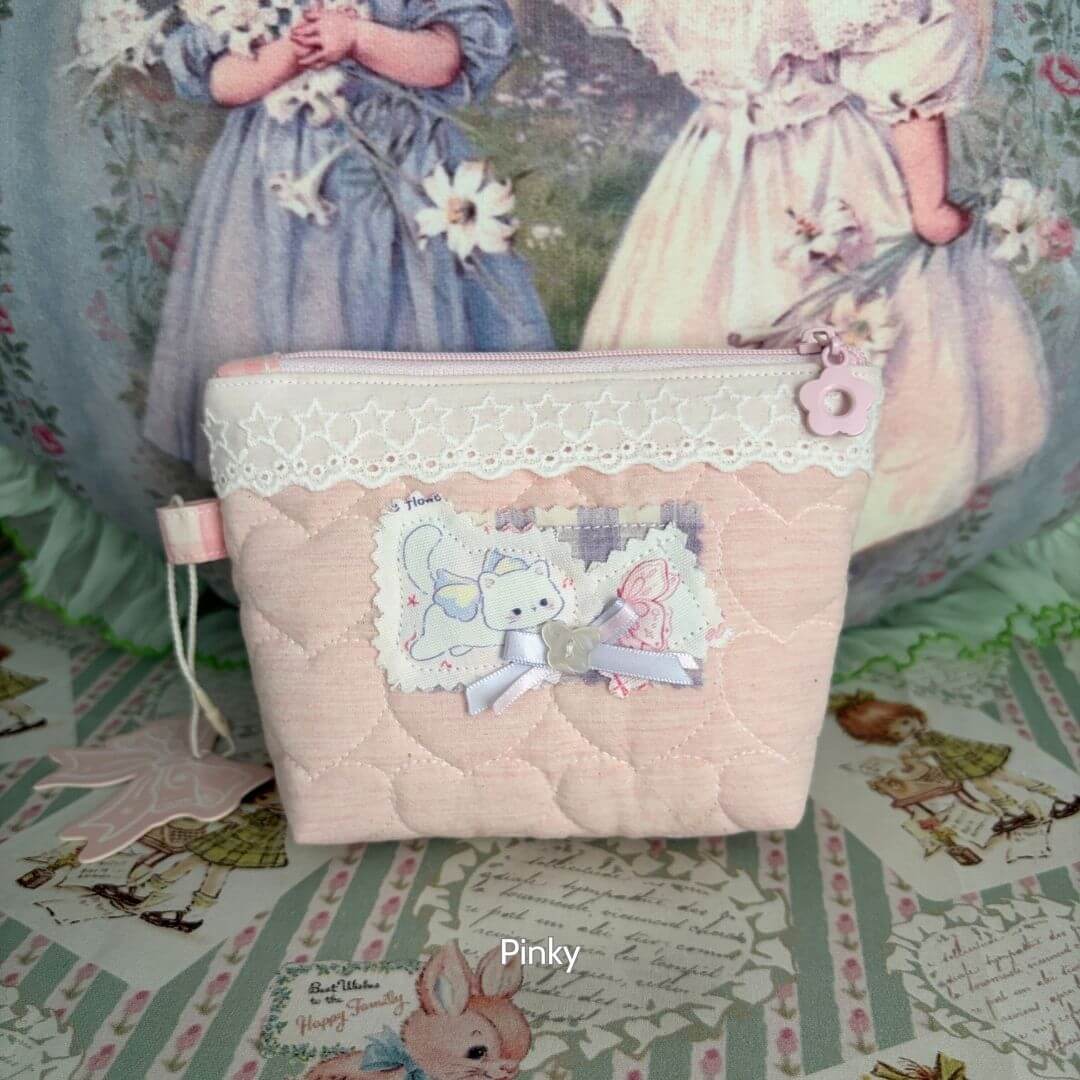 Cute Handmade Cotton Quilted Pouch – Small Everyday Organizer in pastel pink, featuring lace accents and adorable embroidered details.