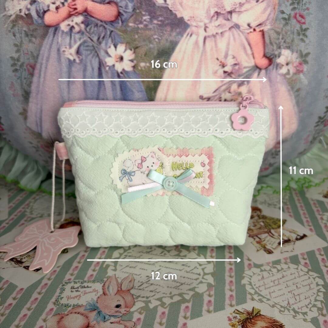Cute Handmade Cotton Quilted Pouch – Small Everyday Organizer with pastel colors, lace accents, and sweet embroidery details.
