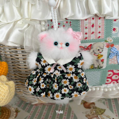 Pawsh Pendants: Fluffy kitten figurine in black floral dress with pink bow, handmade in UK, cute animal collectible.