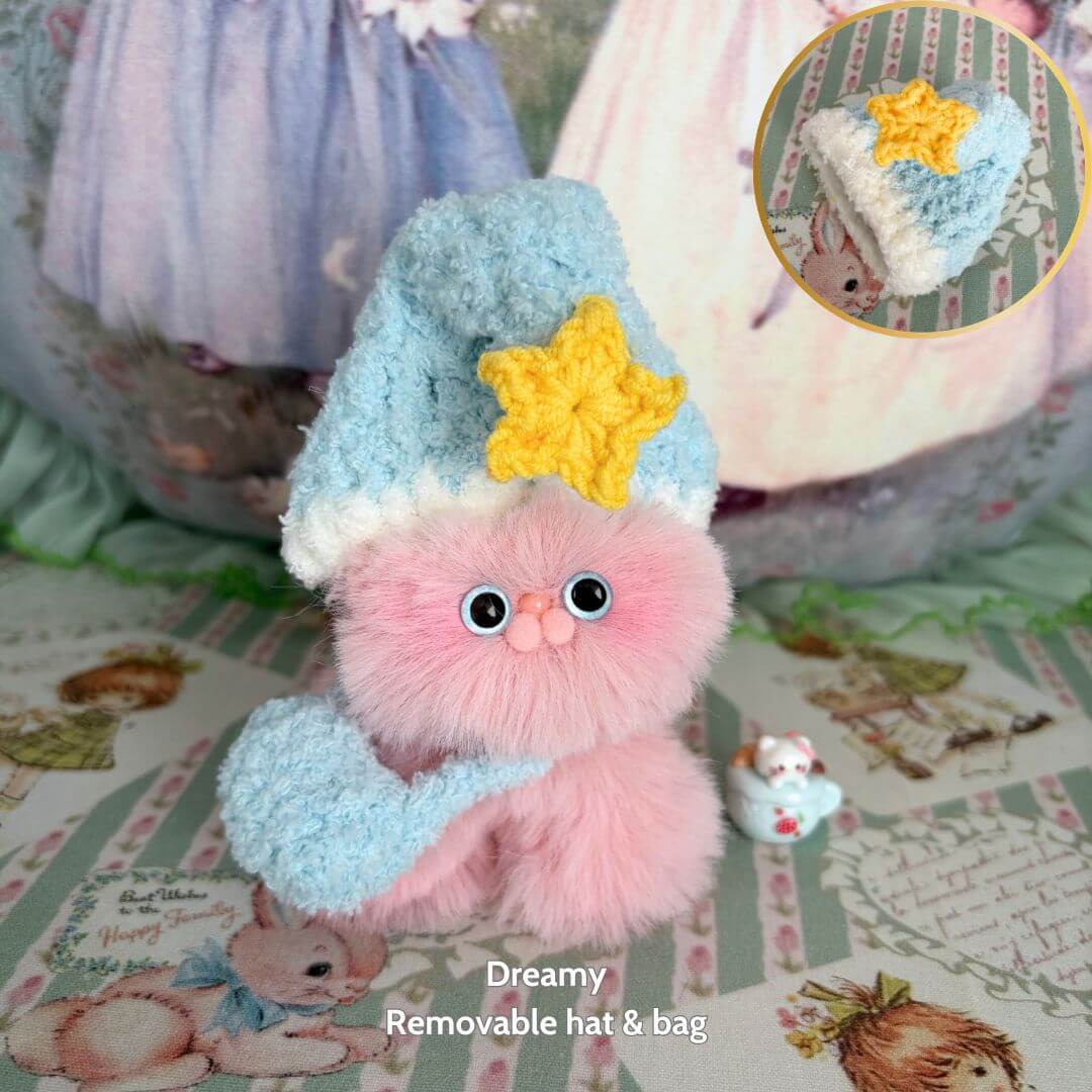 Fluffy Hoodie Kittens: adorable pink fluffy kitten figurine with blue star hat and bag, cute collectible, handmade in UK.