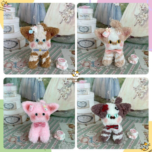 Handmade Devon Rex plush toys with unique furry designs and bows