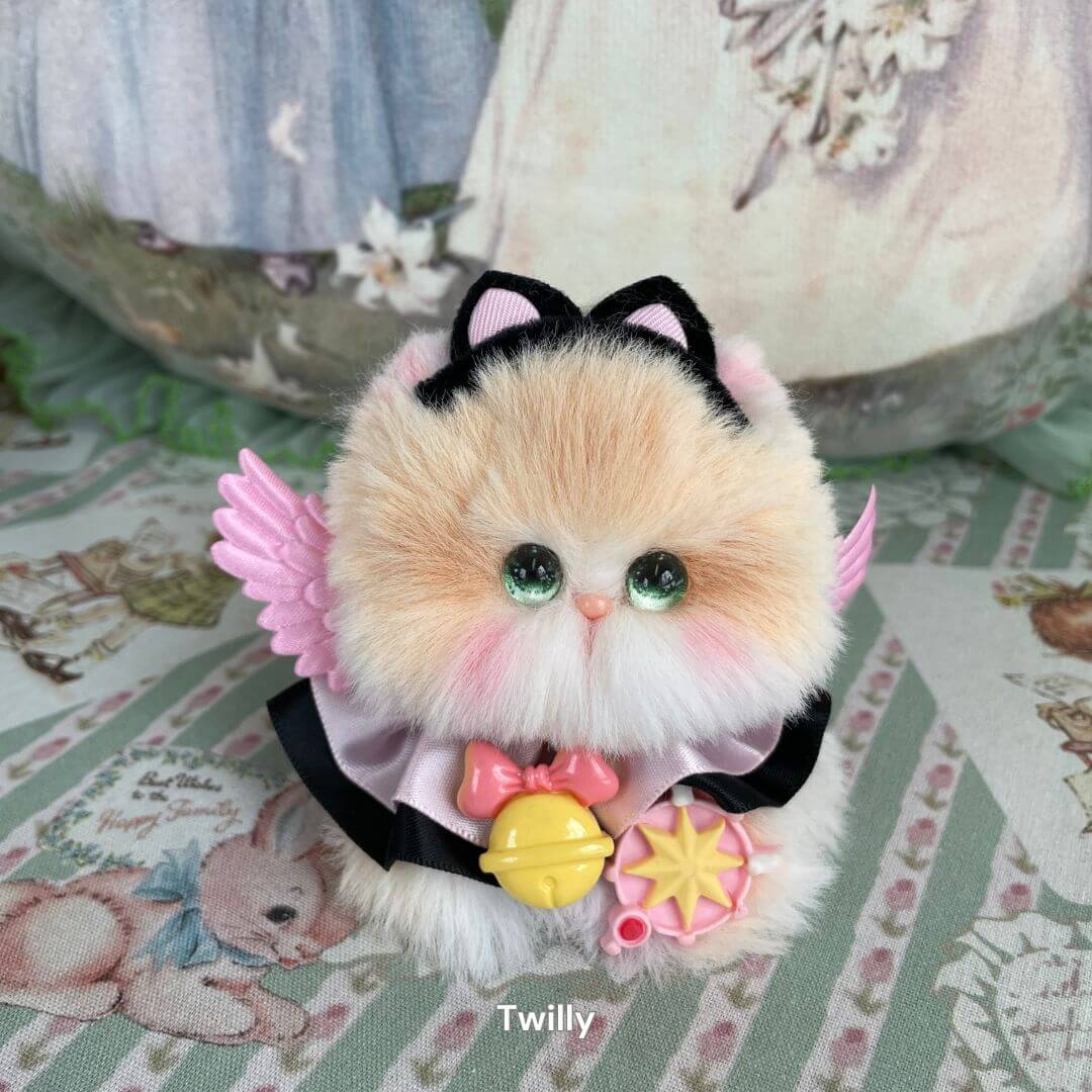 Fairy Paws Collection kitten plush with pink wings and star crown, handmade soft faux fur, green eyes, magical accessories.