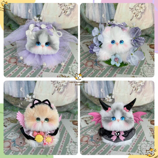 Handmade Fairy Paws Collection kittens with blue eyes, translucent wings, pearl collars, and star crowns on a magical meadow background.