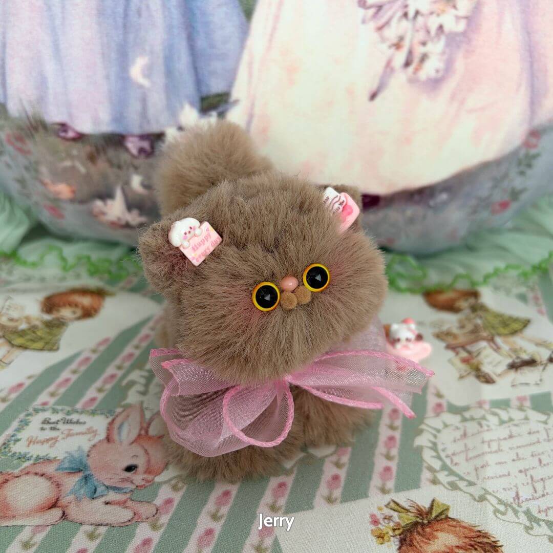 Fluffy Kitten Collection handmade kitten in soft brown fur with pink bow and details, cute collectible kawaii cat decor.