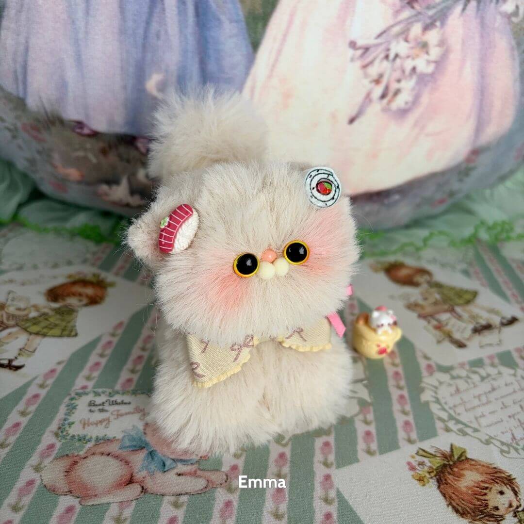Fluffy Kitten Collection: adorable fluffy cat figurine in pastel, with rosy cheeks, candy accessories, standing cutely.