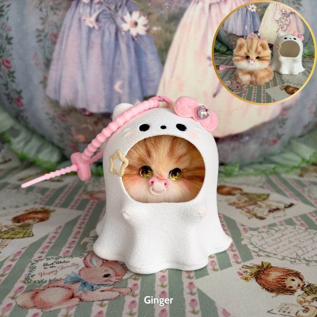 Cute fluffy kitten in a ghost costume, with a pink accessory, from the Cosplay Kitten Collection, handmade in UK.