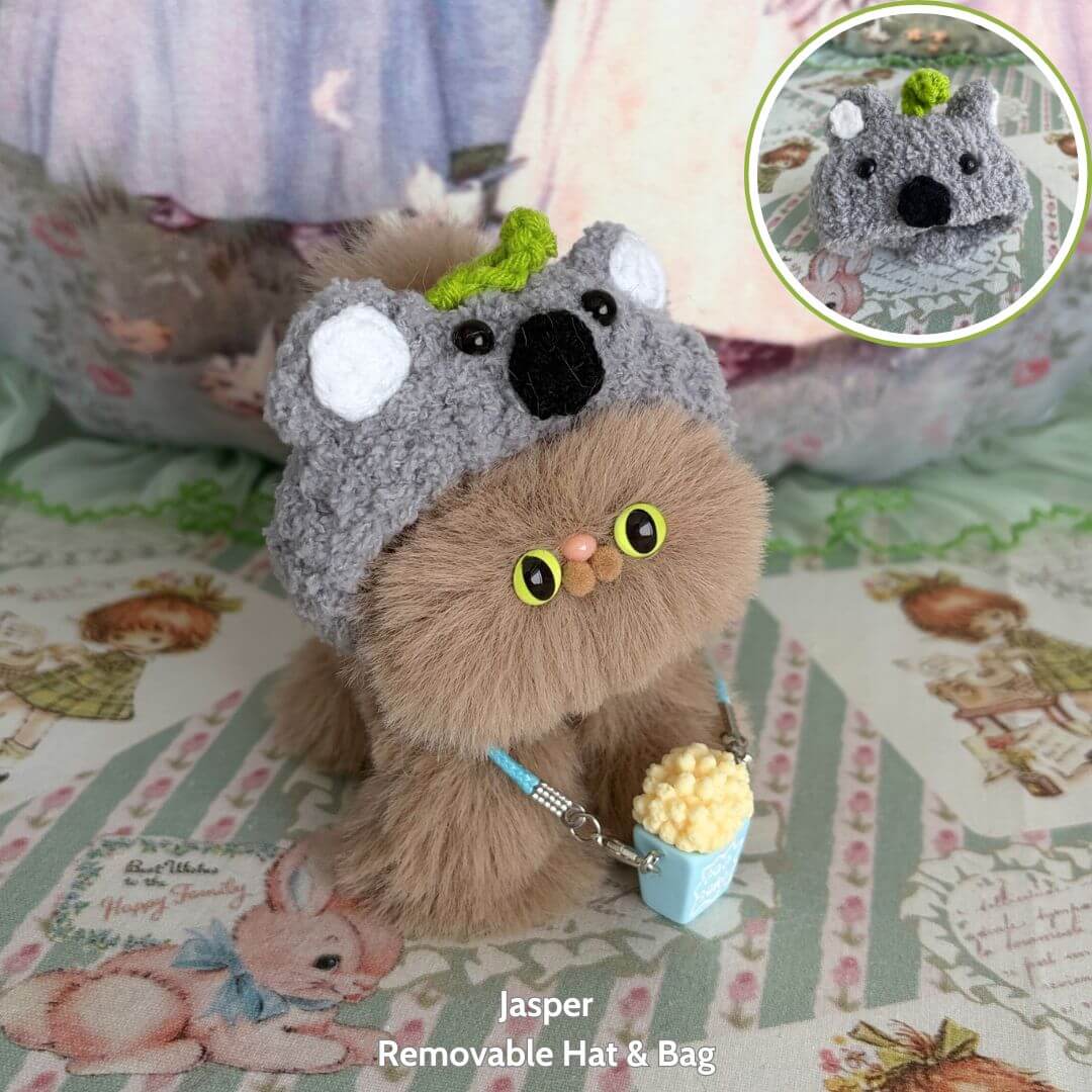 Fluffy Hoodie Kittens figurine of Jasper, a kawaii cat in a koala hat holding popcorn, handmade in the UK, cute miniature collectible.