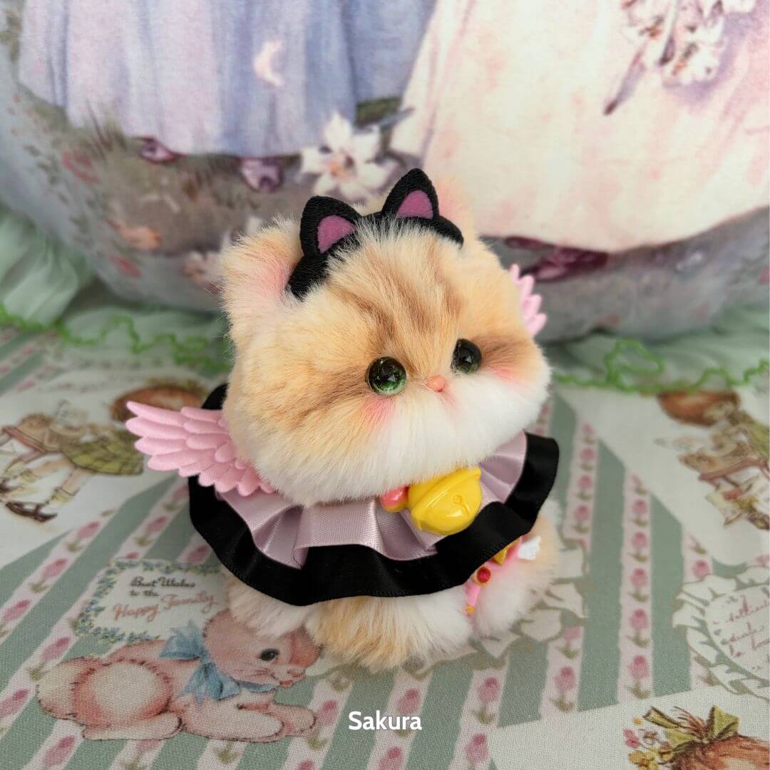 Miniature kitten from the Fairy Paws Collection, wearing a black dress with pink wings, fluffy fur, and a cute expression.