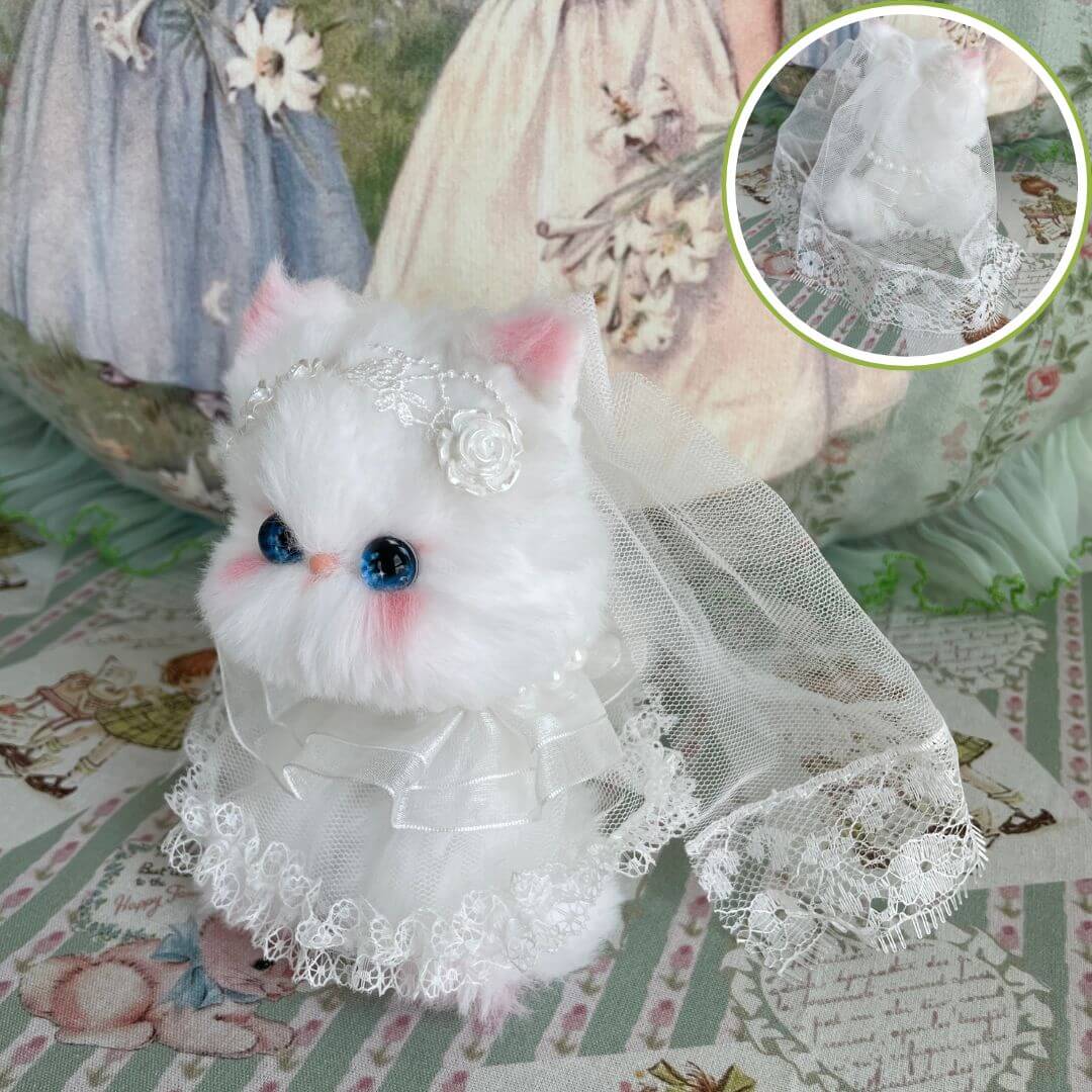 Handmade kitten in a wedding dress with veil, part of Enchanted Wedding of Mr. & Mrs. Paws, fluffy and cute collectible cat figurine.