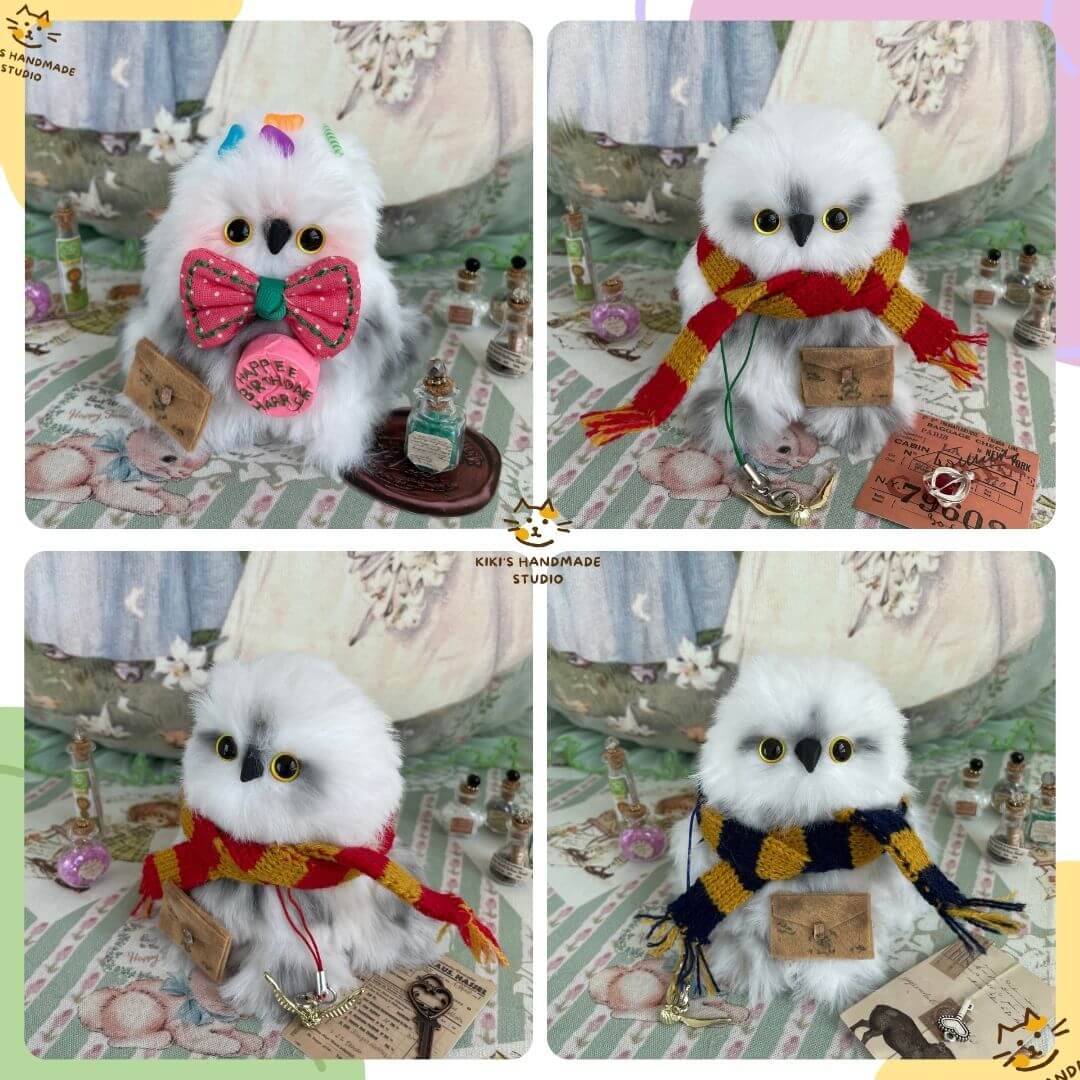Fluffy Magic Owls are handmade with golden eyes and plush fur, featuring colorful scarves and playful accessories.