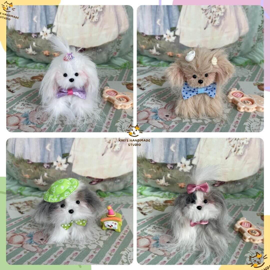 Fluffy Puppy Collection featuring four handmade toy dog figurines with ribbon bows and dessert-themed accessories.