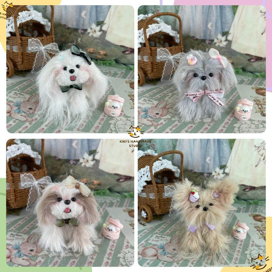 Handmade fluffy puppy plush toys with bows and dessert accessories, resembling Pomeranians, Maltese, and Yorkies on display.