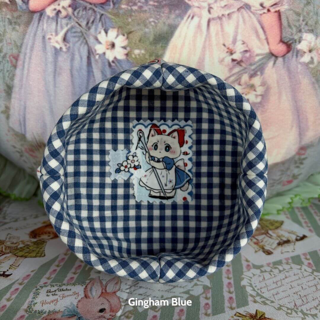 Gingham Cat Catch-All Tray in blue gingham featuring an adorable stitched kitten motif inside. Handmade collectible decor.