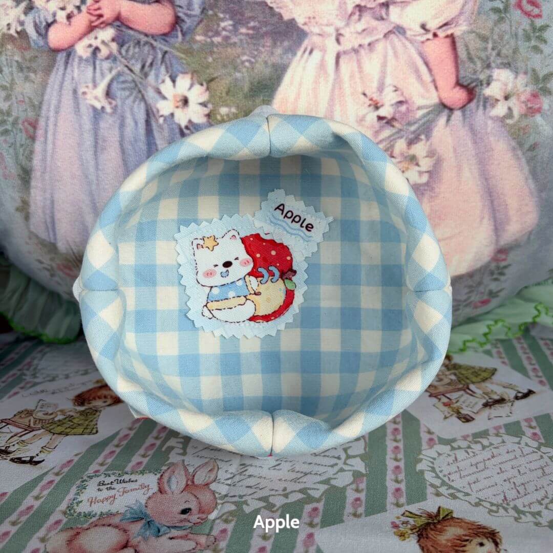 Gingham Cat Catch-All Tray in pastel blue, featuring a cute kitten sticker, perfect for holding small items and decor.