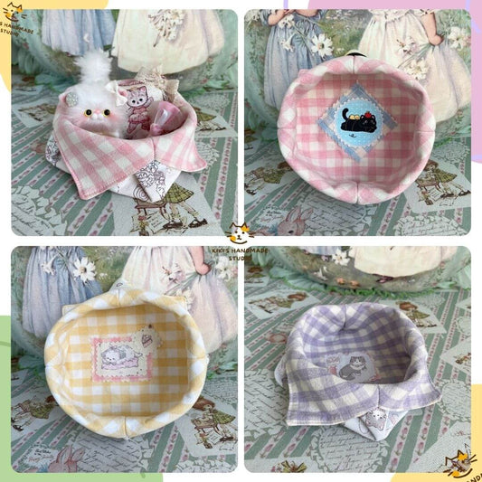 Gingham Cat Catch-All Tray in pastel pink, yellow, and purple with cute stitched kitten designs and soft fabric for collectibles.