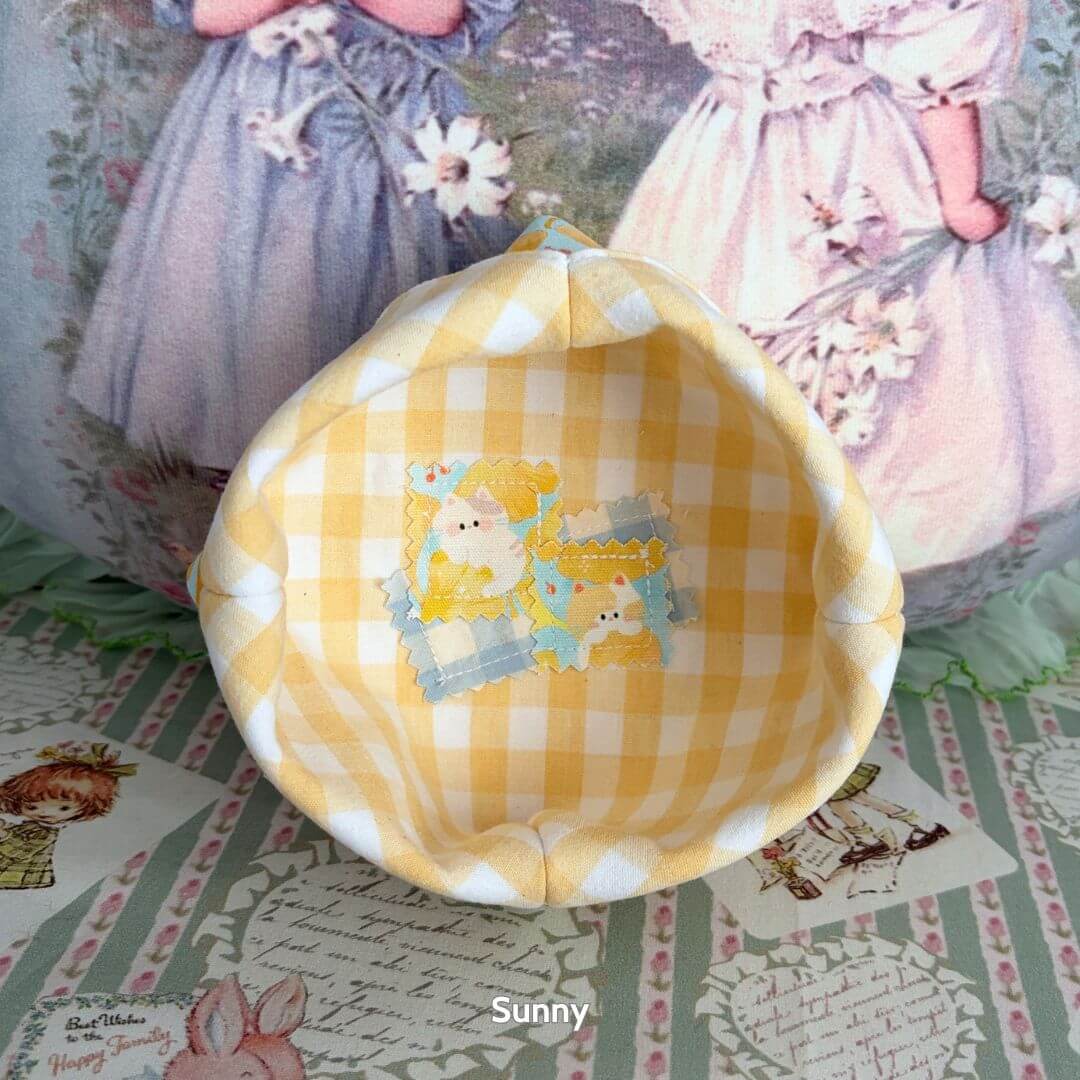 Gingham Cat Catch-All Tray featuring pastel yellow gingham fabric and cute stitched kittens, perfect for organizing small items.