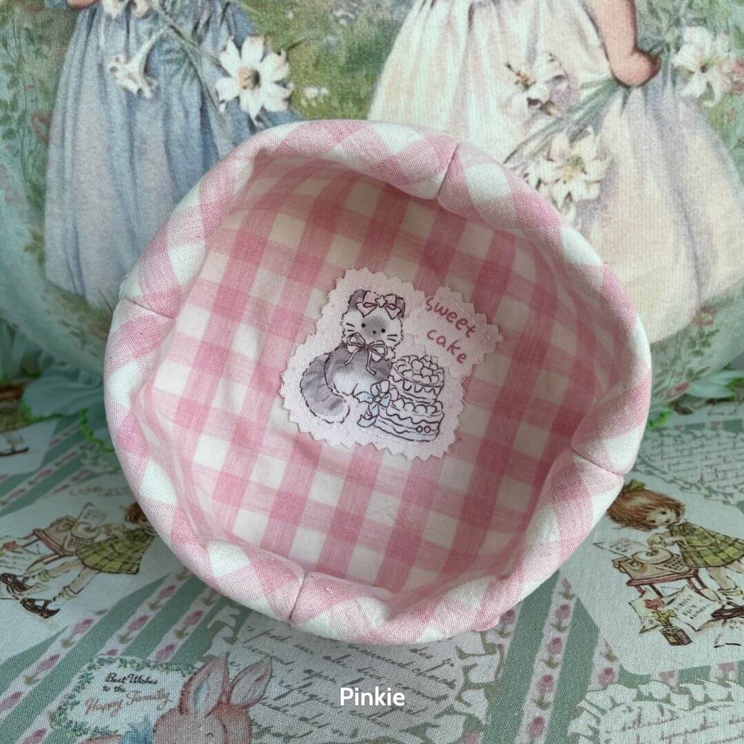 Gingham Cat Catch-All Tray with pink and white checks, featuring a stitched cute cat design inside, perfect for organizing small items.