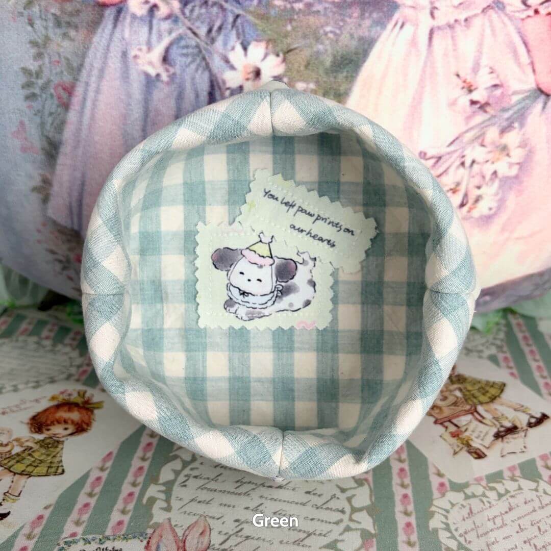 Gingham Cat Catch-All Tray featuring pastel blue and white checks, cute stitched kitten motif, perfect for organizing small items.