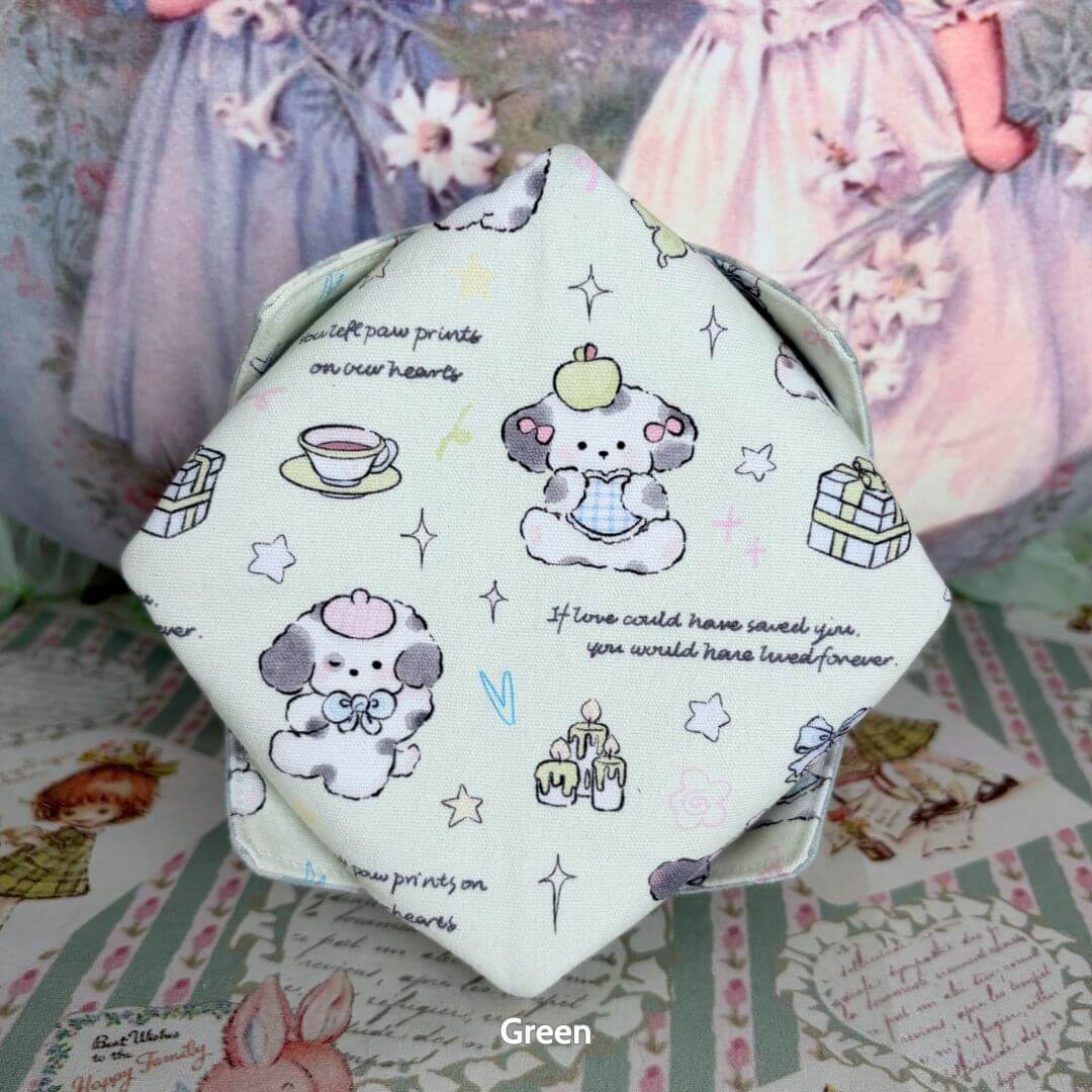 Gingham Cat Catch-All Tray featuring cute pastel kitten motifs and charming accessories in soft green fabric.