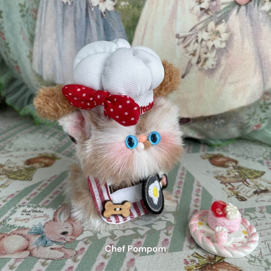 Handmade Chef Pompom kitten plush toy with chef hat, eco-friendly materials, adorable decor, UK-made collectible, cute kitten design