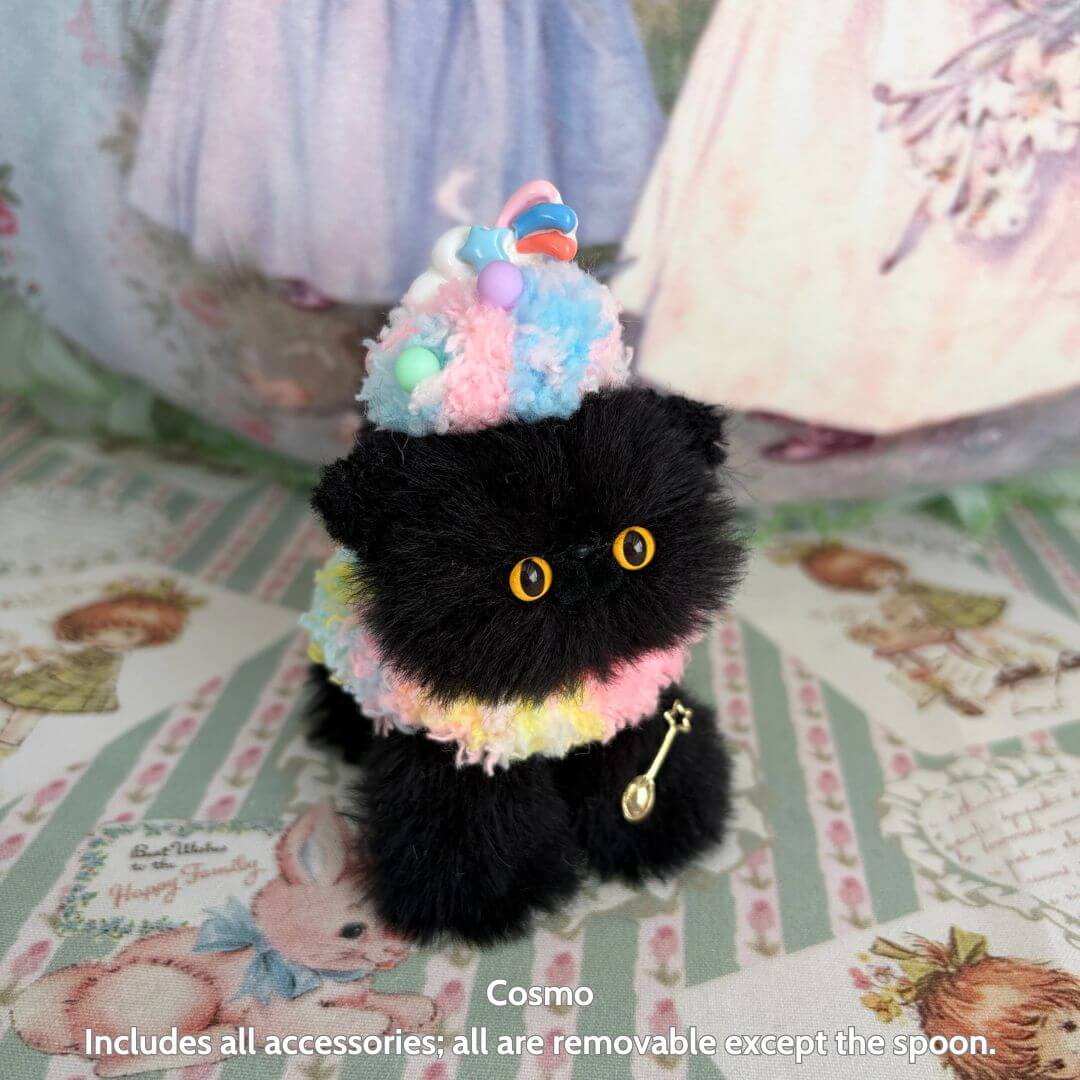 Handmade Sweet Treat Kitties collectible black fluffy kitten with dessert-inspired hat, cute kawaii cat figurine in pastel colors.