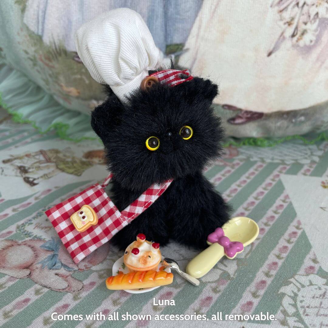 Purrfect Chef Kitten Sets: Cute black handmade kitten with chef's hat, red-checkered apron, and miniature cooking accessories.