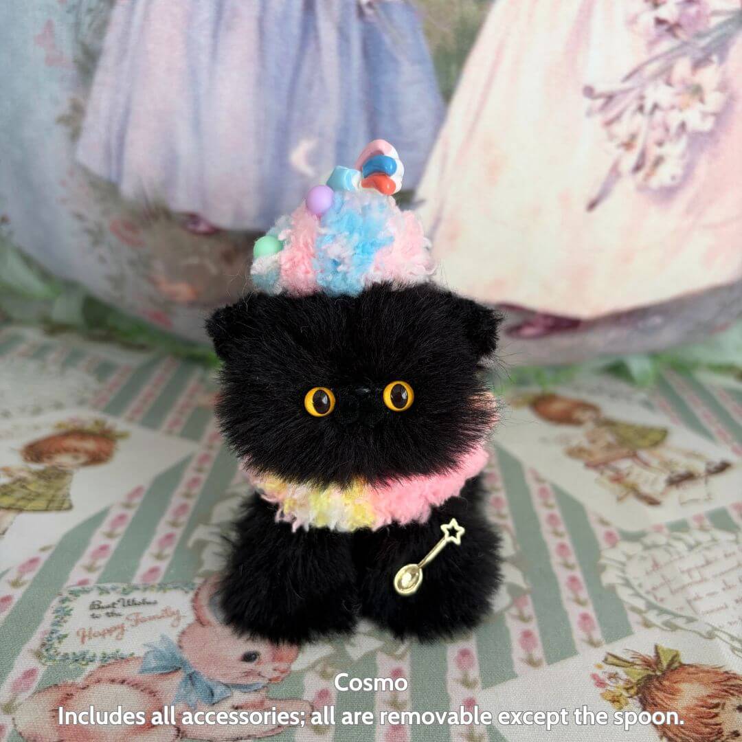 Sweet Treat Kitties handmade kitten, fluffy black cat figurine with pastel dessert hat, kawaii collectible decor.