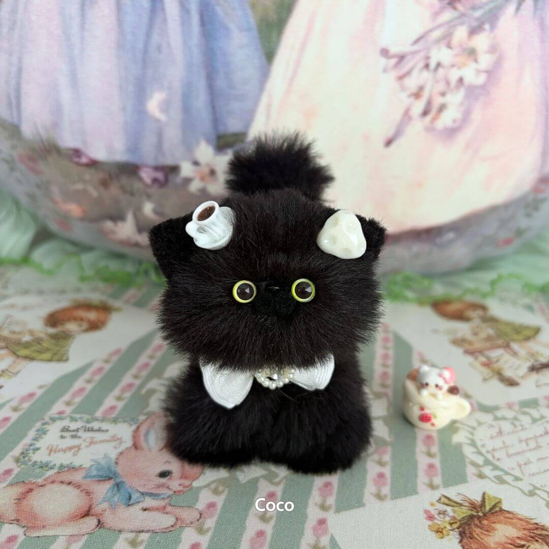 Black Kitten Collection: adorable handmade kitten figurine with fluffy black fur, cute accessories, and cheerful expression.