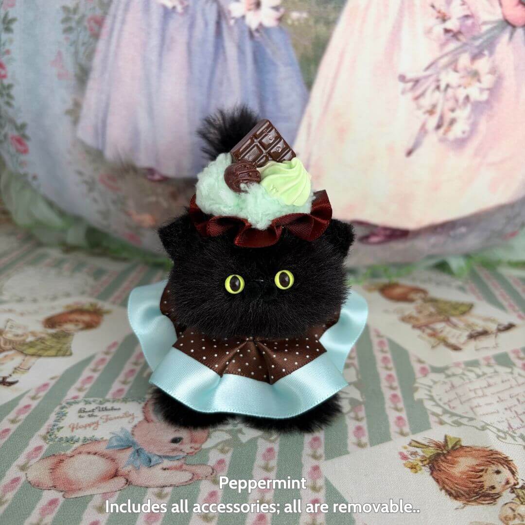 Sweet Treat Kitties handmade kitten figurine, black fluffy cat with ice cream and chocolate accessory, cute kawaii design.