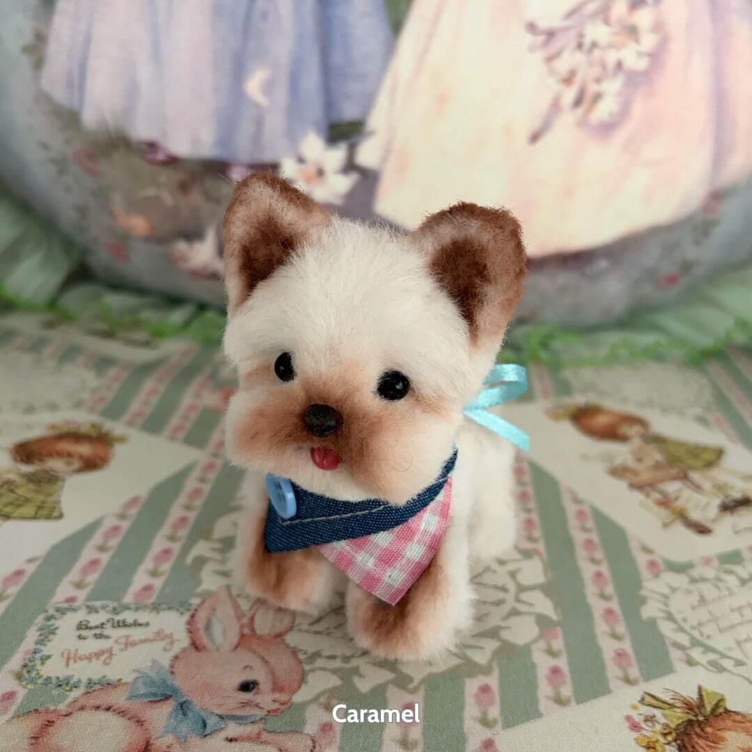 Lifelike Puppy Collection featuring a cute, handmade puppy in a blue and pink bandana, crafted with soft fur and realistic details.