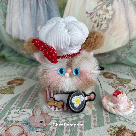 Handcrafted plush kitten toy 'Chef Pompom' with chef hat, made from eco-friendly materials, perfect for gifts and home decor.