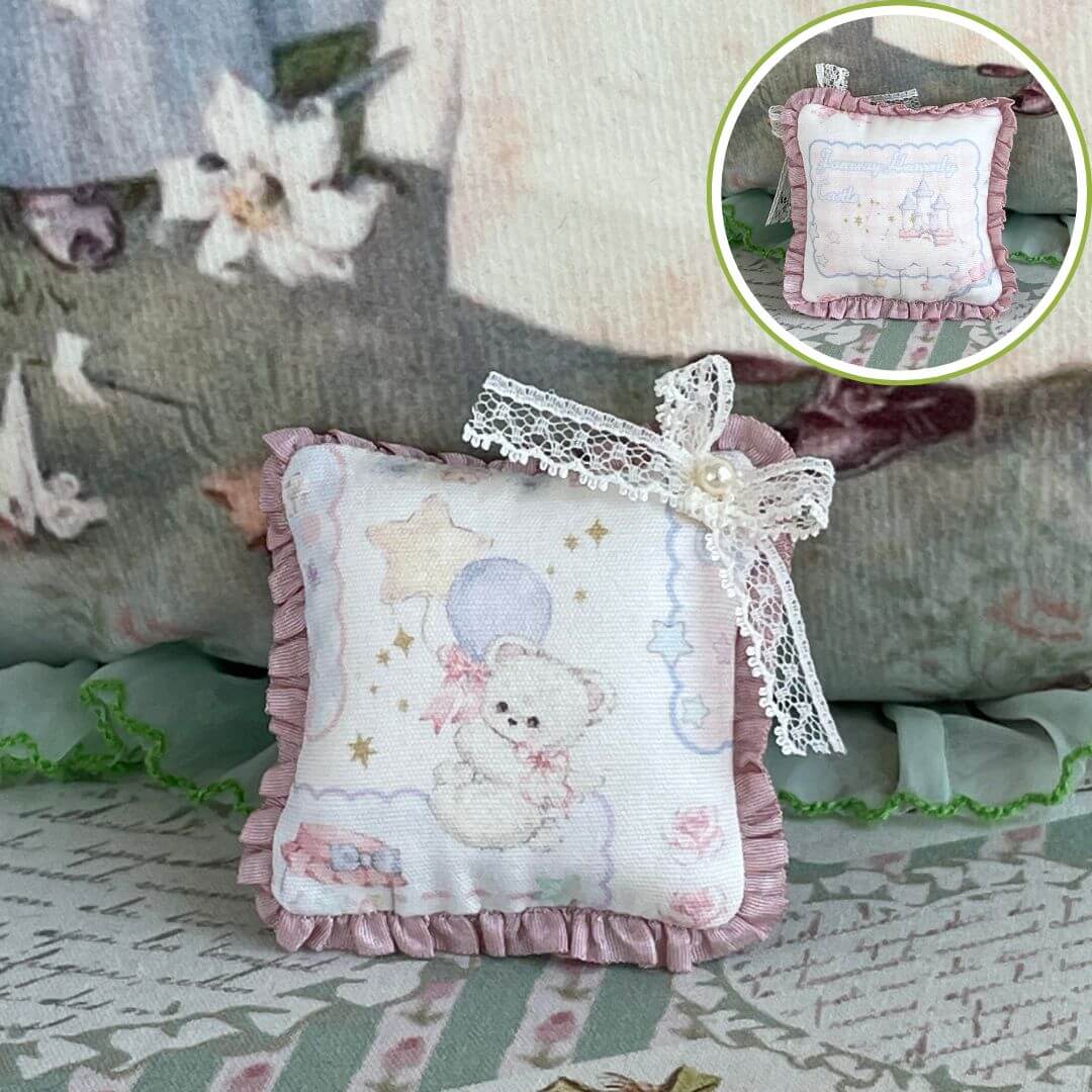 Handmade tiny cuddle critter cushion with kitten design, lace bow, 6cm size, perfect for dolls or desk decor, unique plush accessory.