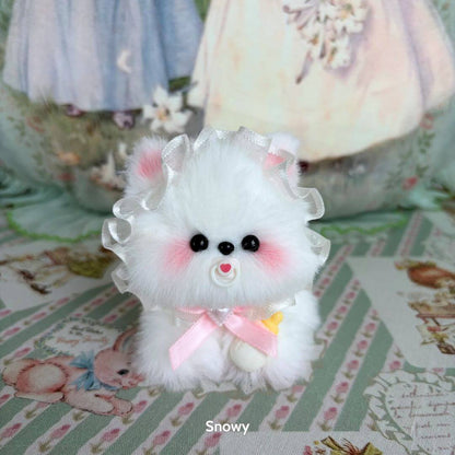 Cosplay Puppy Collection: fluffy white puppy doll with pink ribbon, rosy cheeks, and cute expression, placed on pastel floral background.
