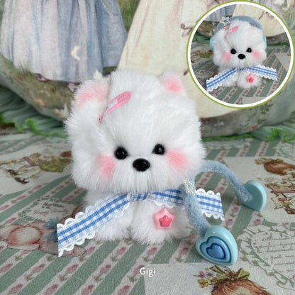 Adorable handmade puppy from the Cosplay Puppy Collection, with fluffy white fur and blue bow, featuring cute facial expressions.