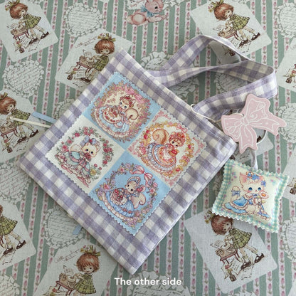 Handmade 20cm x 20cm Dreamy Tote Bag with double-sided cat and squirrel design, showcasing whimsical fairy-tale style.