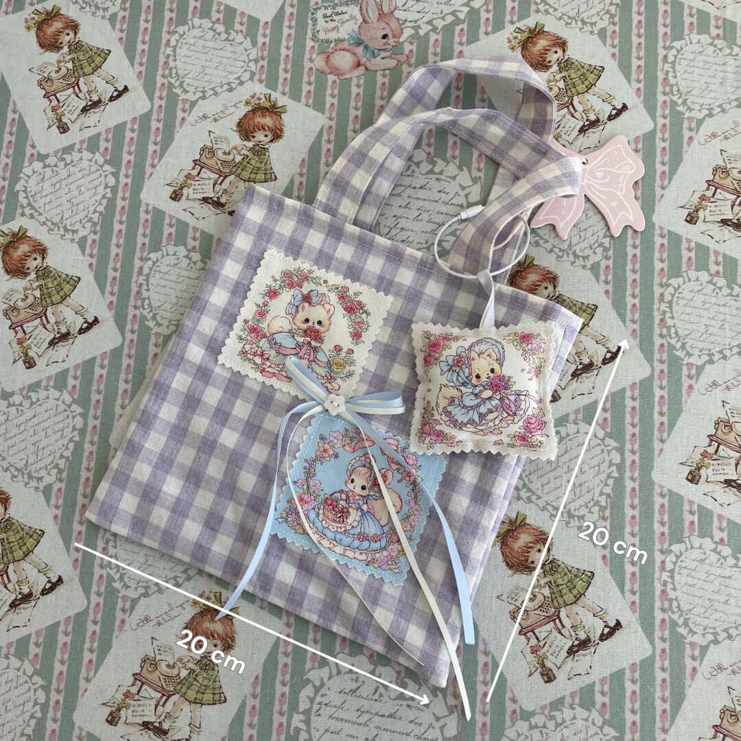 Handmade Dreamy Tote Bag with double-sided cat and squirrel design, 20cm x 20cm, in whimsical fairy-tale style on checkered fabric.