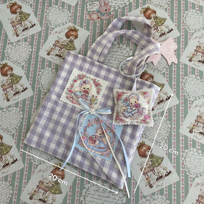 Handmade Dreamy Tote Bag with double-sided cat and squirrel design, 20cm x 20cm, in whimsical fairy-tale style on checkered fabric.