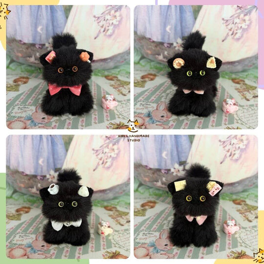 Black Kitten Collection featuring four fluffy handmade kittens with colorful bows, showcasing unique expressions and playful poses.