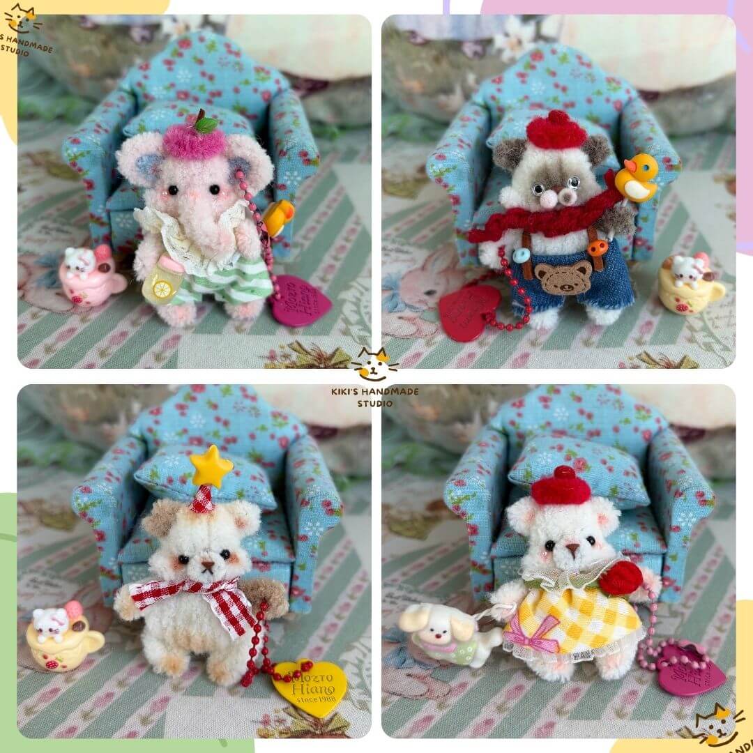 Miniature Pipe Cleaner Animals: fluffy kitten and bear figurines in cute outfits, with accessories in a cozy chair setting.