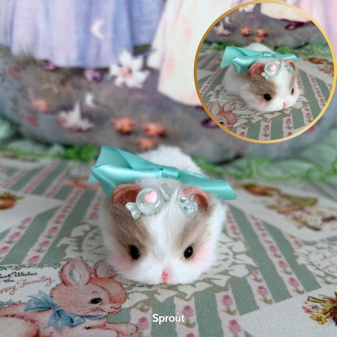 Lying Hamsters Figurines with fluffy fur, pastel colors, cute bow, and decorative candies, perfect for collectible decor.