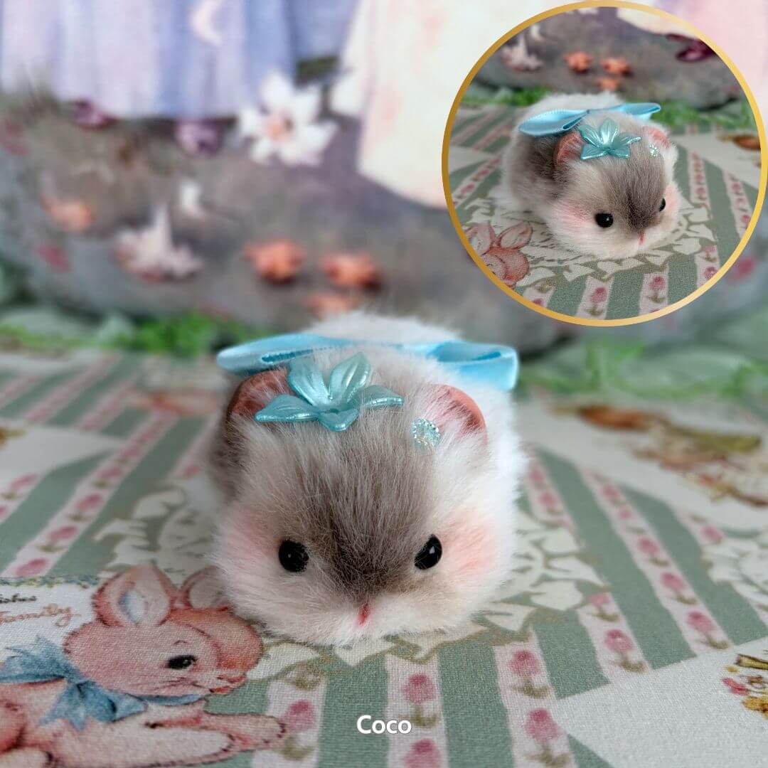 Lying Hamsters Figurines - cute gray hamster with a blue bow, laying down, fluffy design, adorable collectible, handmade in UK.
