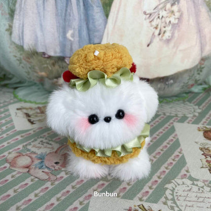Cute white fluffy puppy doll in a burger costume, part of the Cosplay Puppy Collection, handmade with soft materials.