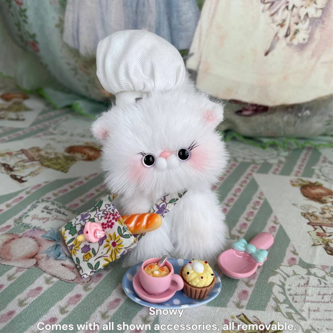 Purrfect Chef Kitten Sets with a fluffy white kitten in a chef hat, colorful apron, and miniature cooking accessories, cute decor.