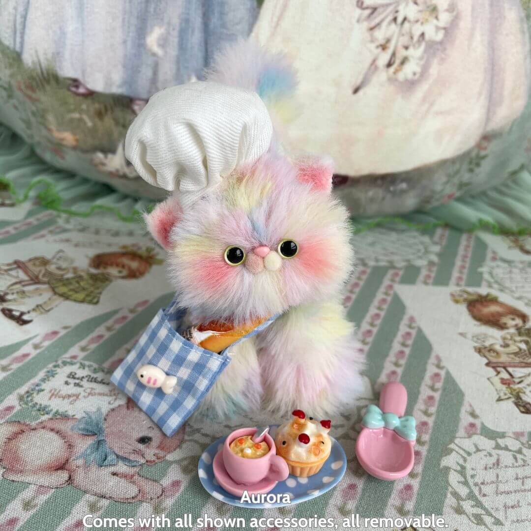 Handmade kitten with colorful fluffy fur, dressed in a chef's hat and apron, holding a basket of treats in the Purrfect Chef Kitten Sets.