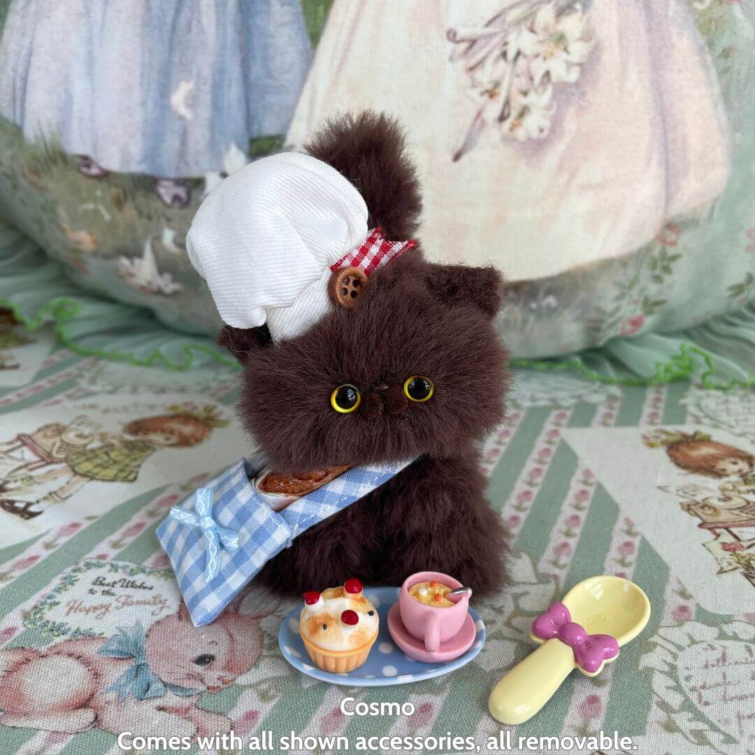 Purrfect Chef Kitten Sets featuring a fluffy black kitten in a chef hat and apron with mini cooking tools and treats.