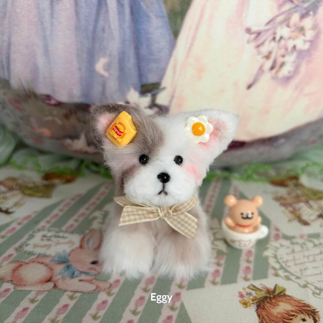 Adorable Puppy Collection handmade fluffy puppy figurine with bow, smiling face, and cute decorations.